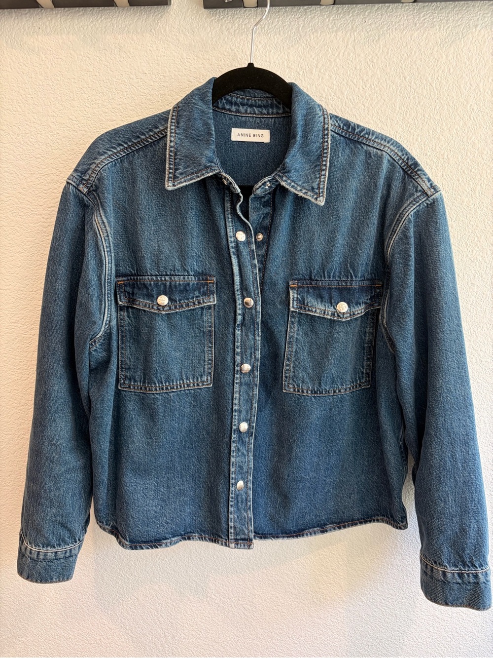 Anine Bing Washed Blue Denim Jacket with Snap Buttons